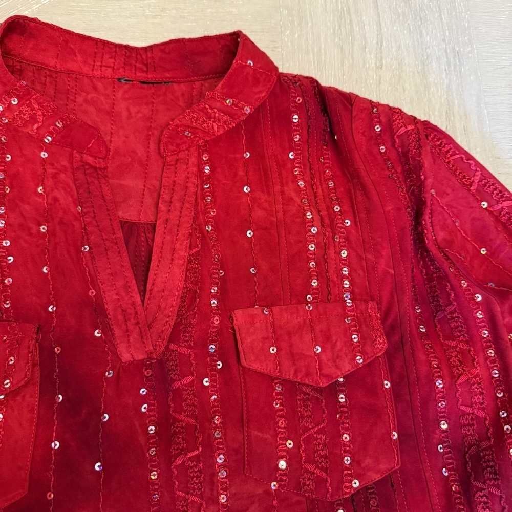 Red 3/4 Sleeve Blouse with Mandarin Collar Sequins Holiday - Picture 5 of 9